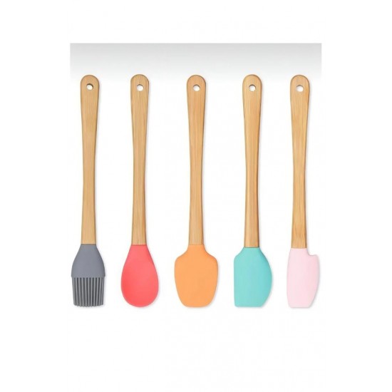 5'li Renkli Ahşap Saplı Silikon Uçlu Spatula Fırçalı Kaşık Seti -Yemek Hazırlık Seti 21 Cm
